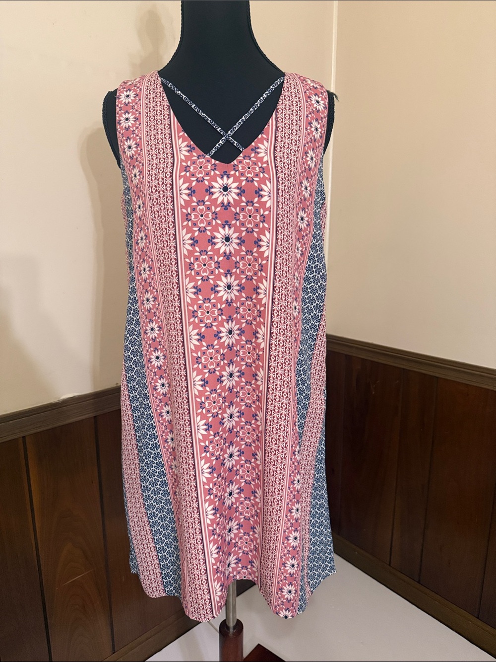 Lily Rose NWT Floral Shift Dress Small Pink Blue Boho Criss Cross Front